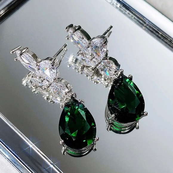 Teardrop Emerald & Diamond Drop Earrings - Picture 3 of 8